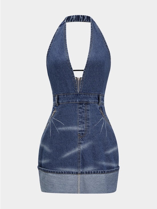 Micas Dresses & Skirts - Plunging Halter Denim Mini Dress in Dark Blue